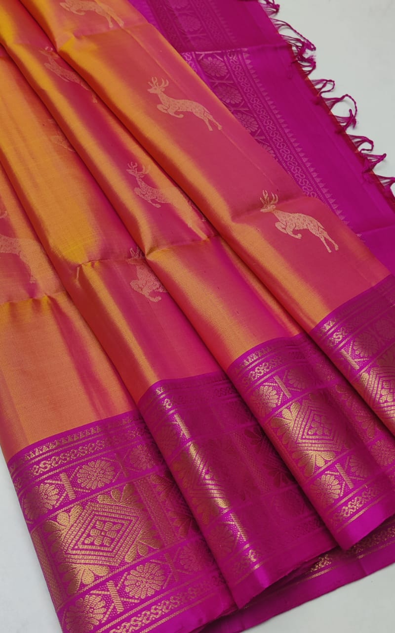 Kanchipuram Silk Saree traditional zari borders Golden Yellow